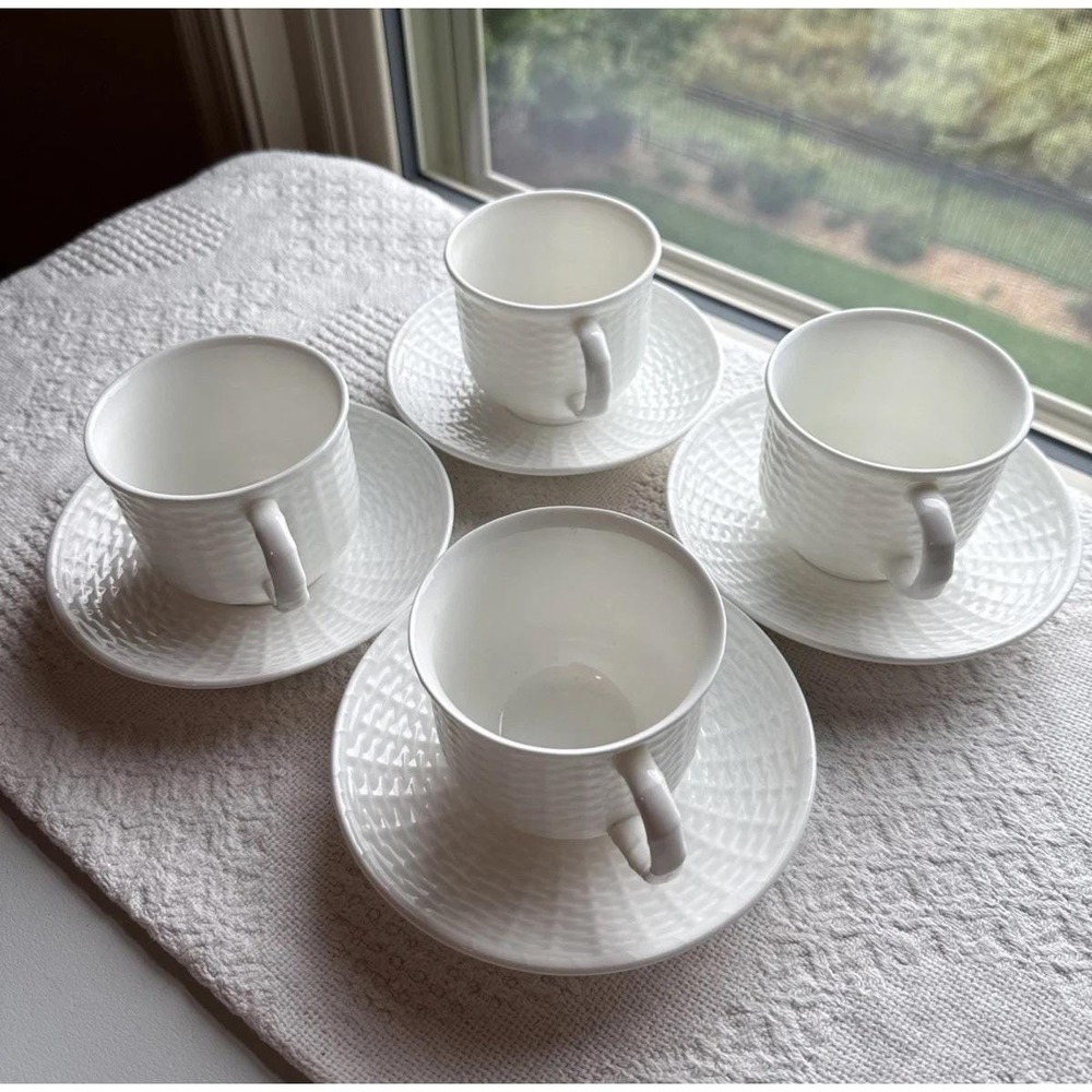 WEDGEWOOD Nantucket Basket Weave Bone China Coffee Tea Cups/Saucers - Set 4 READ